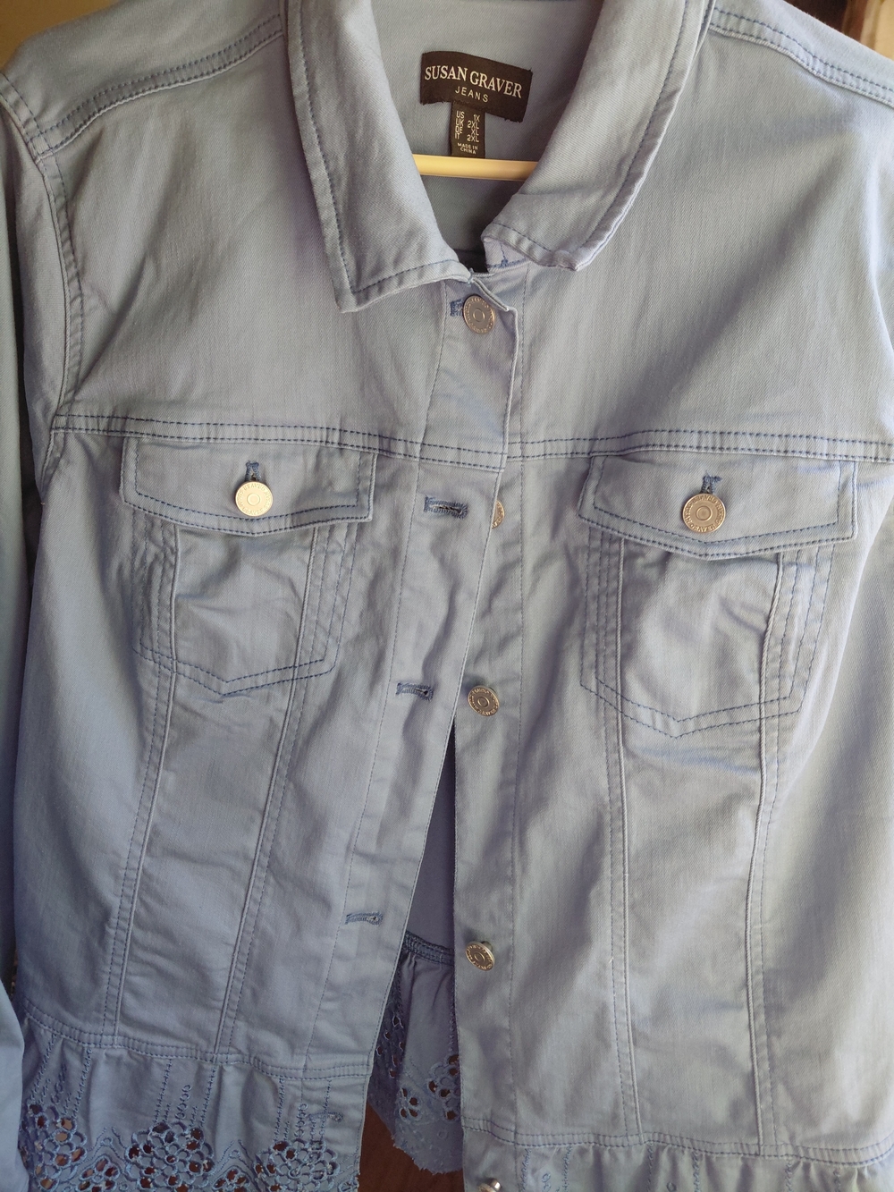 Susan Graver Light Blue Embroidered-Hem Women's Jacket - Picture 10 of 11